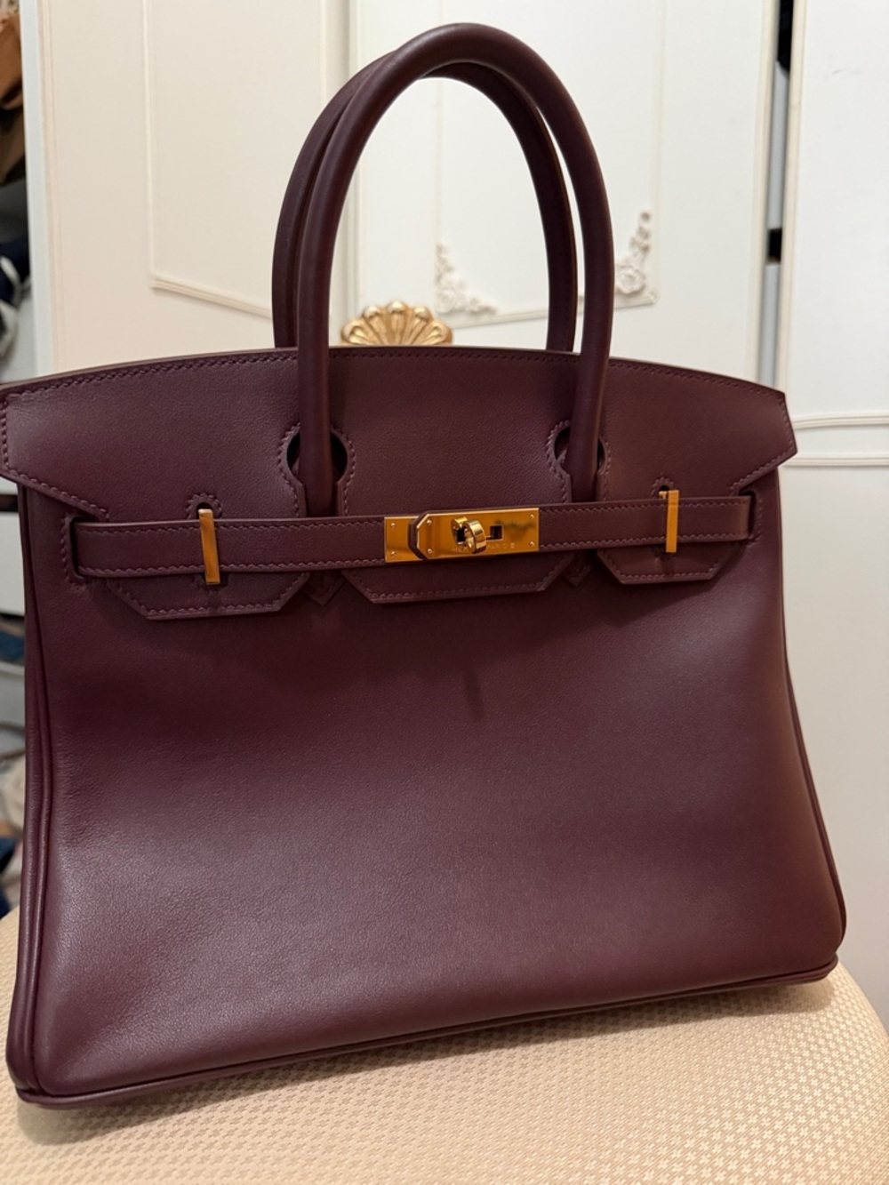 Designer-Style Burgundy Leather Top-Handle Bag with Gold Hardware